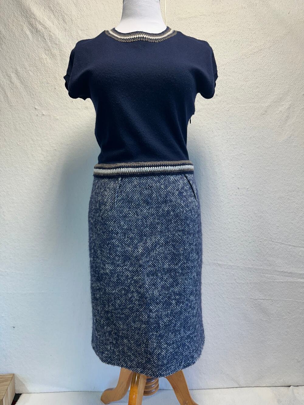 Paule Ka Wool Cashmere Blend Tweed A-line Dress Crochet Trim Navy Gray SZ 10